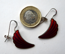 Load image into Gallery viewer, 1950s NORWEGIAN Guilloche Enamel and Silver Drop Earrings by Elvik &amp; Co. Red Shell Shaped for Pierced Ears with Silver Hooks
