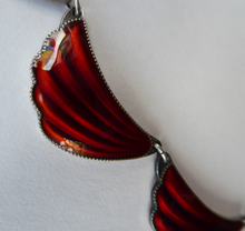 Load image into Gallery viewer, 1950s NORWEGIAN Guilloche Enamel and Silver Necklace by Elvik &amp; Co. with 12 Red Shell Shaped Links
