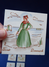 Load image into Gallery viewer, Vintage DANISH Miniature Ceramic Tiles. Folk Art Images of Ladies Working. Each Wears a Regional Costume
