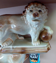 Load image into Gallery viewer, LARGE PAIR of ANTIQUE Staffordshire Style Medici Lions with front paw on ball. 14 inches in length
