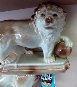 LARGE PAIR of ANTIQUE Staffordshire Style Medici Lions with front paw on ball. 14 inches in length