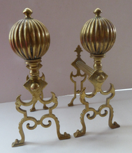 Load image into Gallery viewer, Aesthetic Movement Brass Fire Dogs or Antique Andirons with Large Ribbed Balls Finials
