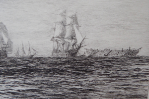 ORIGINAL ETCHING: William Lionel Wyllie (1851 – 1931) Battle of Trafalgar; c 1920. Pencil Signed