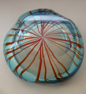 Unusual Chunky Blue Glass Bowl with Flat Polished Pontil Base - with Red Stripes from the Centre. Probably Italian, Murano
