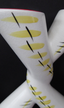 Load image into Gallery viewer, Rare 1950s Vintage SYLVAC Cross Shaped Bud Vase - with Abstract Yellow &amp; Black Pattern and Glossy Red Interior
