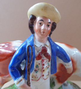 ANTIQUE STAFFORDSHIRE Figurine. Rarer Cow Hand or Herder with Cow by a Stream; 1880s