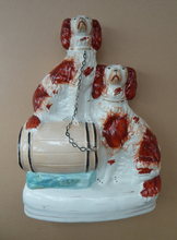 Load image into Gallery viewer, Antique Staffordshire King Charles Spaniel Dogs Sitting on Top of a Barrel. Genuine Victorian Figurine
