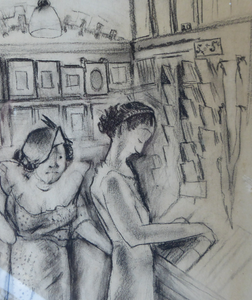 1930s American Drawing of Ladies Shopping in Woolworths - Katherine Langhorne Adams