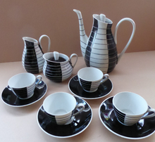 Load image into Gallery viewer, 1950s Polish Porcelain Coffee Set by Marian Pasich for Chodziez. Stylish and Extremely Rare Black and White Stripes Set
