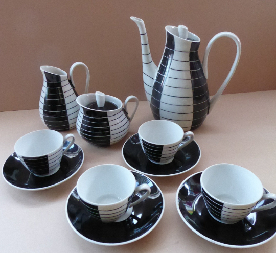 1950s Polish Porcelain Coffee Set by Marian Pasich for Chodziez. Stylish and Extremely Rare Black and White Stripes Set