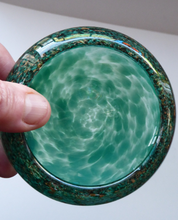 Load image into Gallery viewer, Pretty SCOTTISH MONART GLASS Shallow Pin Dish. Mottled Pale Blue and Green Glass with Gold Aventurine &amp; Customary Raised Pontil Mark
