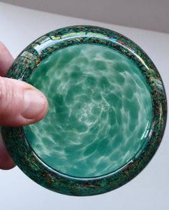 Pretty SCOTTISH MONART GLASS Shallow Pin Dish. Mottled Pale Blue and Green Glass with Gold Aventurine & Customary Raised Pontil Mark
