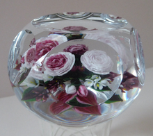 Load image into Gallery viewer, Rare RICK AYOTTE Limited Edition 1995 Cushion Cut Paperweight: Floral / Roses. LARGE SIZE 

