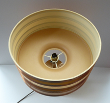 Load image into Gallery viewer, 1960s Vintage Table Lamp with Tubular Gold Tone Metal Cylindrical Body and Original Metallic Stripes Drum Shade
