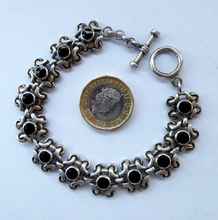 Load image into Gallery viewer, Vintage SOLID SILVER Bracelet with Abstract Floral Design &amp; Black Enamel Details. SIGNED; probably Scandinavian
