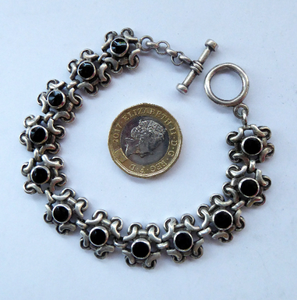 Vintage SOLID SILVER Bracelet with Abstract Floral Design & Black Enamel Details. SIGNED; probably Scandinavian