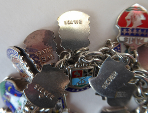 SILVER BRACELET with 36 Vintage SILVER and Enamel Towns Charms. Souvenirs of a Visit to the Town