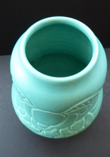 Load image into Gallery viewer, 1930s CROWN DUCAL Byztantine or Danube Vase. Shaped 155. Matt Aqua Green Glaze with Sgraffito Floral Decorations

