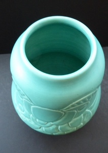 1930s CROWN DUCAL Byztantine or Danube Vase. Shaped 155. Matt Aqua Green Glaze with Sgraffito Floral Decorations
