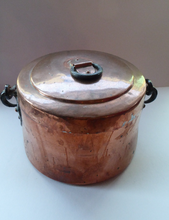 Load image into Gallery viewer, Arts &amp; Crafts Antique Copper Lidded Pot or Storage Pail with Heavy Iron Handle and Hearts Decorations
