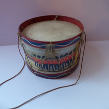Load image into Gallery viewer, TOY DRUM. Vintage 1940s Trooping of the Colour Design. With Vellum Drumskin Top and Bottom
