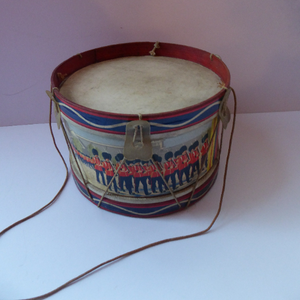 TOY DRUM. Vintage 1940s Trooping of the Colour Design. With Vellum Drumskin Top and Bottom
