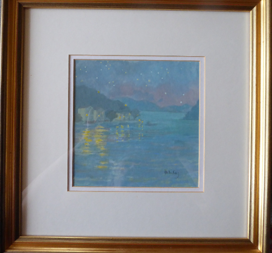 SCOTTISH ART. Pretty 1990s Vintage Watercolour by Irene HALLIDAY. Night Waters at Symi in Greece