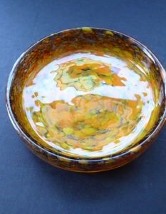 Wee SCOTTISH MONART GLASS Shallow Pin Dish. Mottled Orange and Brown Glass with Gold Aventurine & Unusual Polished Base