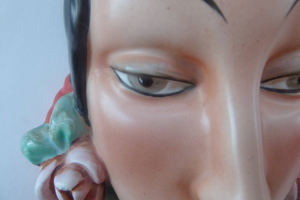 Rare 1930s GOEBEL Pottery Wall Mask. Art Deco Spanish Lady with Fabulous Floral Hair Decorations. LARGER size. 7 inches