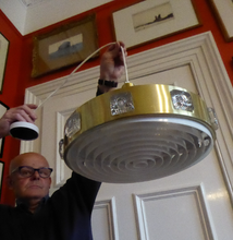 Load image into Gallery viewer, Carl Fagerlund. SWEDISH 1960s Gold Tone Pendant Lampshade with Clear Glass Inclusions and Original Diffuser Below
