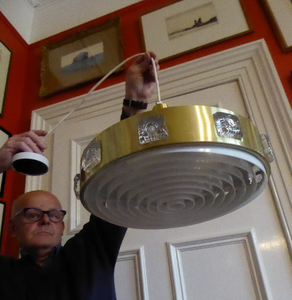 Carl Fagerlund. SWEDISH 1960s Gold Tone Pendant Lampshade with Clear Glass Inclusions and Original Diffuser Below