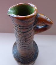 Load image into Gallery viewer, NORWEGIAN AWF (Arnold Wiigs Fabrikker) Pottery Vase with Long Neck and Finger Loop. Incised Decoration and Green Glossy Glaze Inside
