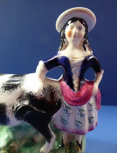 Fabulous 1880s Genuine ANTIQUE STAFFORDSHIRE Flatback Figurine / Cow Creamer. Woman and Cow