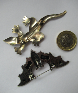 Silver Lizard Brooch.  White Metal Bat Brooch