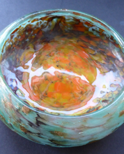 Load image into Gallery viewer, Wee SCOTTISH MONART GLASS Shallow Pin Dish. Mottled Orange, Blue-Green and Brown Glass with Gold Aventurine &amp; Customary Raised Pontil Mark
