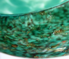 Load image into Gallery viewer, Pretty SCOTTISH MONART GLASS Shallow Pin Dish. Mottled Pale Blue and Green Glass with Gold Aventurine &amp; Customary Raised Pontil Mark
