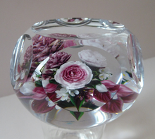 Load image into Gallery viewer, Rare RICK AYOTTE Limited Edition 1995 Cushion Cut Paperweight: Floral / Roses. LARGE SIZE 
