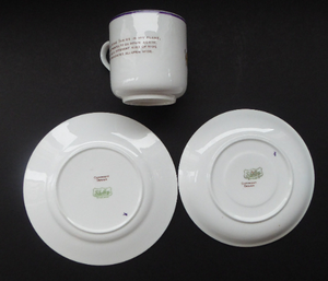 Rare 1930s SHELLEY POTTERY Mabel Lucie Attwell Boo-Boos Matched Trio: Cup, Saucer & Side Plate. Aeroplane Design
