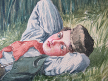 Load image into Gallery viewer, SCOTTISH ART: Alexander Stuart Boyd (1854 - 1930). Watercolour Study of a Young Boy Resting in a Meadow
