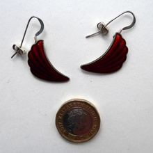 Load image into Gallery viewer, 1950s NORWEGIAN Guilloche Enamel and Silver Drop Earrings by Elvik &amp; Co. Red Shell Shaped for Pierced Ears with Silver Hooks
