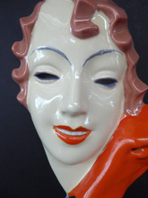 Load image into Gallery viewer, ART DECO Royal Dux, Czechoslovakia Wall Mask. 1930s Lady with Strange Hollow Eyes and Abstract Orange Borzoi Hound Dog
