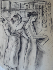 1930s American Drawing of Ladies Shopping in Woolworths - Katherine Langhorne Adams