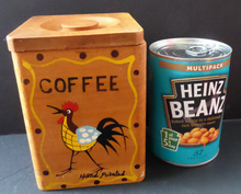 Load image into Gallery viewer, 1950&#39;s Chicken Design INTERSTACKING Wooden Food Kitchen Storage Boxes. Coffee &amp; Tea, Sugar and Flour
