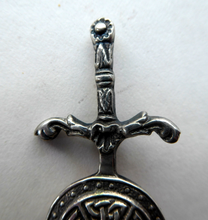 Load image into Gallery viewer, 1950s SCOTTISH SILVER BROOCH. Vintage Lapel Brooch or Miniature Kilt Pin: Celtic Sword &amp; Shield Design by Robert Allison
