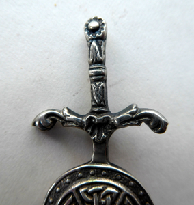 1950s SCOTTISH SILVER BROOCH. Vintage Lapel Brooch or Miniature Kilt Pin: Celtic Sword & Shield Design by Robert Allison