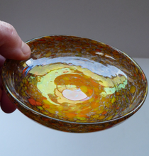 Load image into Gallery viewer, Wee SCOTTISH MONART GLASS Shallow Pin Dish. Mottled Orange, Red, Yellow and Brown Glass with Gold Aventurine &amp; Customary Raised Pontil Mark
