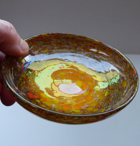 Wee SCOTTISH MONART GLASS Shallow Pin Dish. Mottled Orange, Red, Yellow and Brown Glass with Gold Aventurine & Customary Raised Pontil Mark