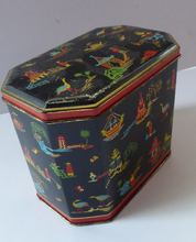 Load image into Gallery viewer, Vintage 1950s SCOTTISH Biscuit Tin for William Crawford. Stylish Mid Century Image with Stylised Chinese Motifs
