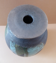 Load image into Gallery viewer, STUDIO POTTERY. Vintage 1960s Vase. Matt Black Lava Glaze &amp; Blue and Green Lustre Squares: GS Mark
