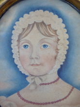 Load image into Gallery viewer, ANTIQUE Portrait Miniature of a Young Lady. Watercolour Study in Antique Black Wooden Frame with Acorn Hanging Ring; c 1830s
